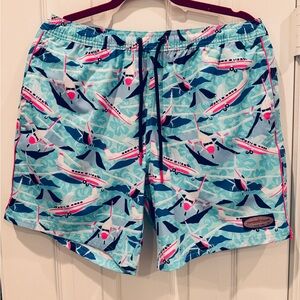 Vineyard Vines Blue and Pink Airplane Swim Shorts- Men Medium